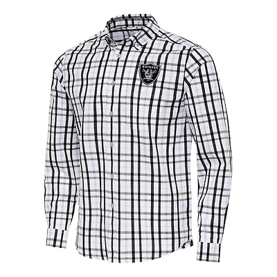 Men's Antigua Black/Gray Las Vegas Raiders Tending Woven Tri-Blend Long Sleeve Button-Down Shirt