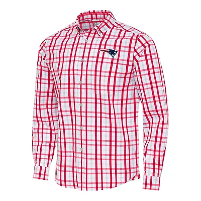 Men's Antigua Red/Gray New England Patriots Tending Woven Tri-Blend Long Sleeve Button-Down Shirt