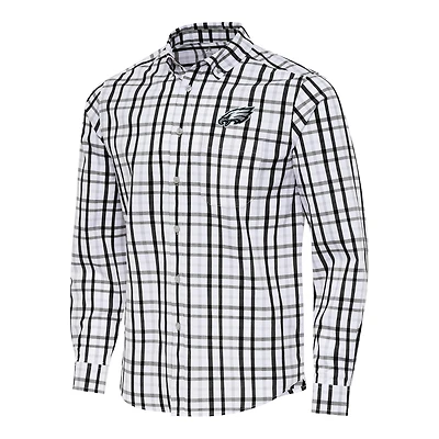 Men's Antigua Black/Gray Philadelphia Eagles Tending Woven Tri-Blend Long Sleeve Button-Down Shirt
