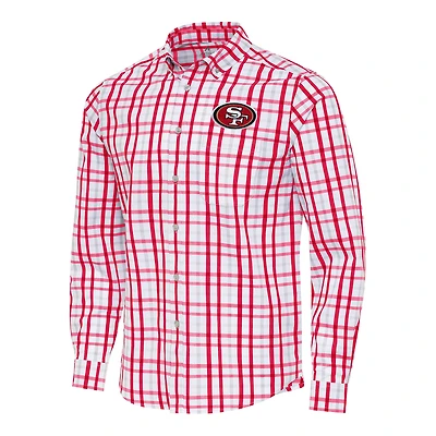 Men's Antigua Scarlet/Gray San Francisco 49ers Tending Woven Tri-Blend Long Sleeve Button-Down Shirt