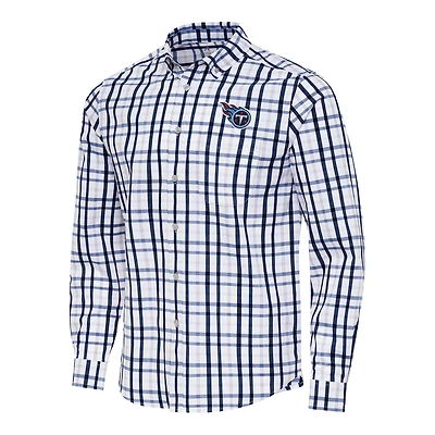 Men's Antigua Navy/Gray Tennessee Titans Tending Woven Tri-Blend Long Sleeve Button-Down Shirt