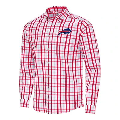 Men's Antigua Red/Gray Buffalo Bills Tending Woven Tri-Blend Long Sleeve Button-Down Shirt