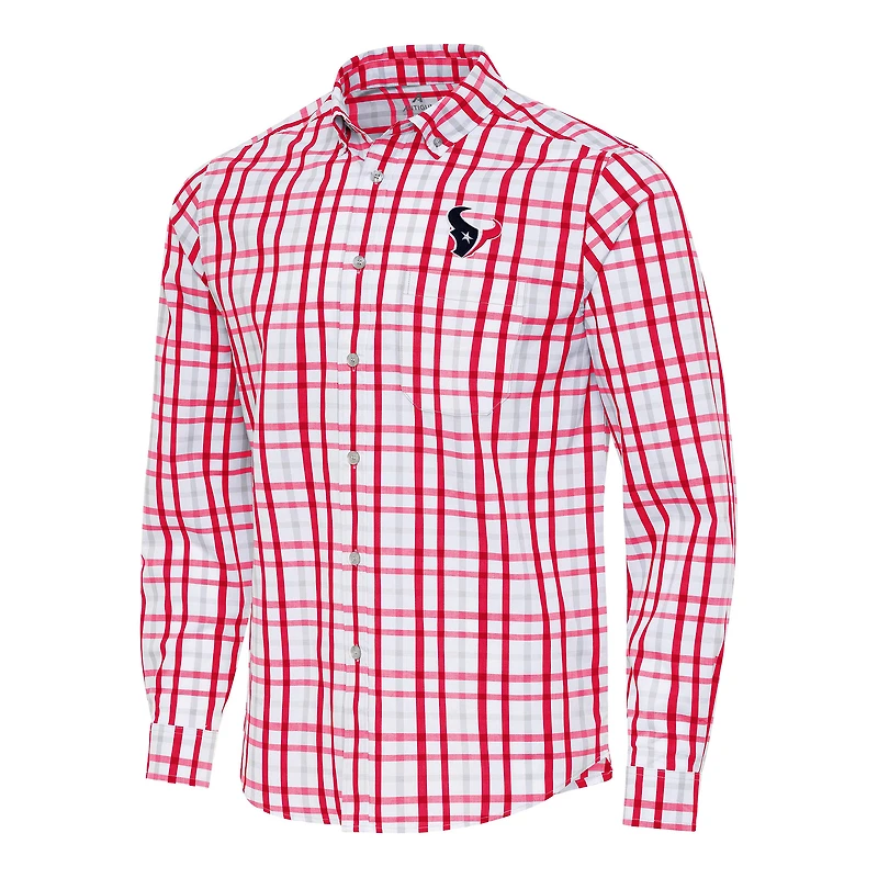 Men's Antigua Red/Gray Houston Texans Tending Woven Tri-Blend Long Sleeve Button-Down Shirt