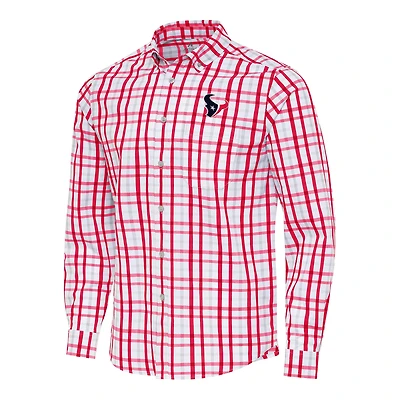 Men's Antigua Red/Gray Houston Texans Tending Woven Tri-Blend Long Sleeve Button-Down Shirt