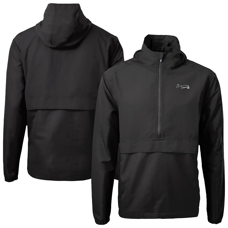 Men's Cutter & Buck Black Atlanta Braves Charter Eco Recycled Anorak Half-Zip Hoodie Jacket