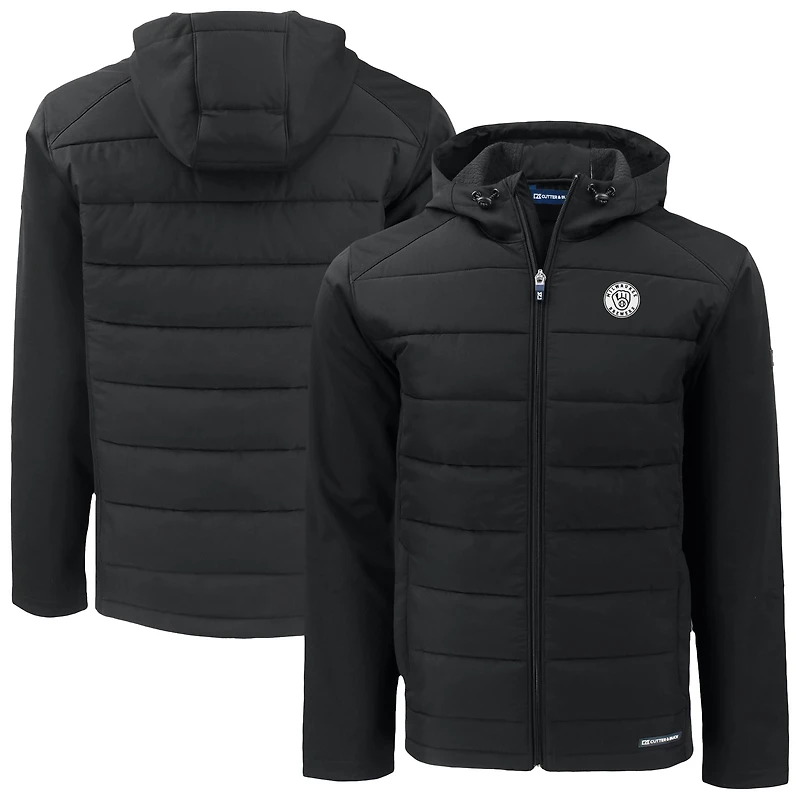 Men's Cutter & Buck Black Milwaukee Brewers Evoke Hybrid Eco Softshell Recycled Full-Zip Hooded Jacket