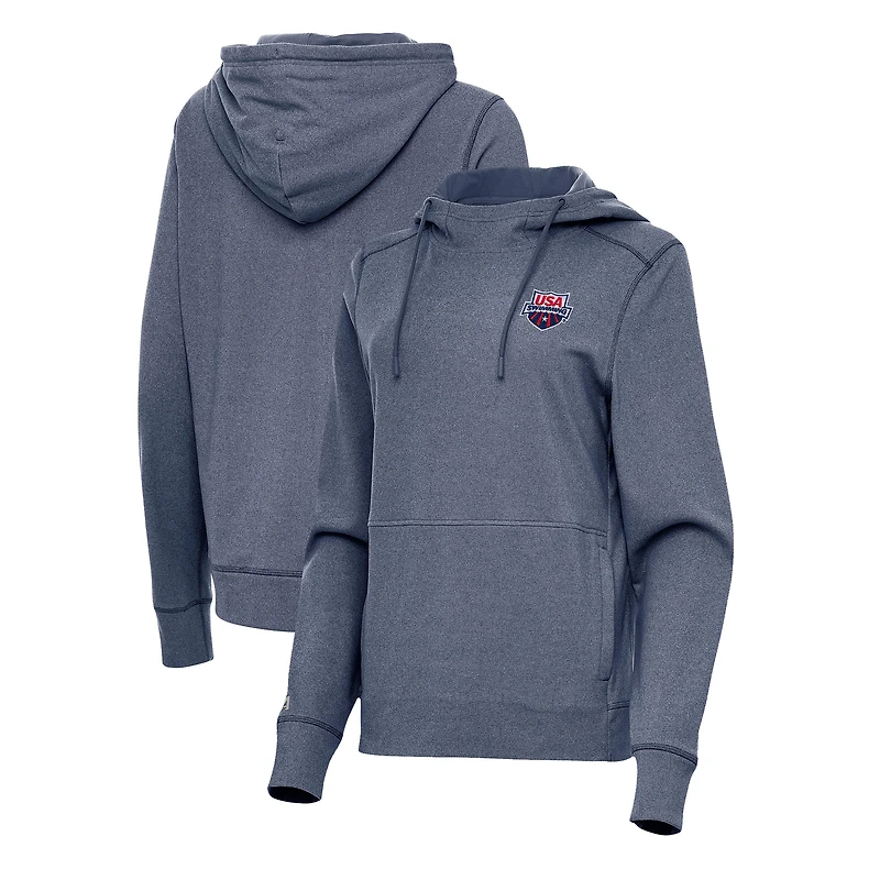 Women's Antigua Heather Navy USA Swimming Justice Pullover Hoodie