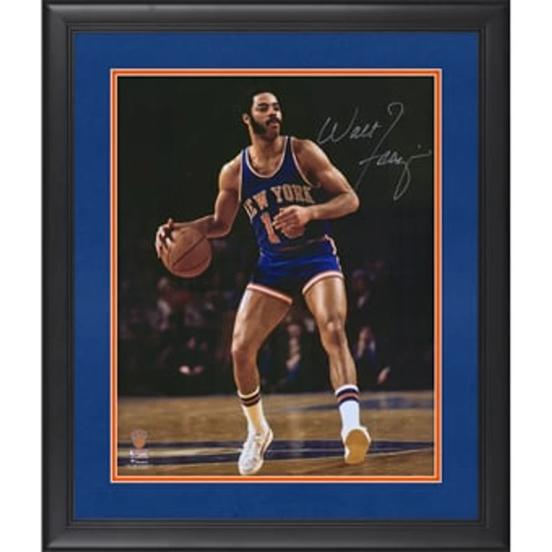 Walt Frazier New York Knicks Autographed Framed 16" x 20" Dribbling In Blue Photograph - Suede Upgrade