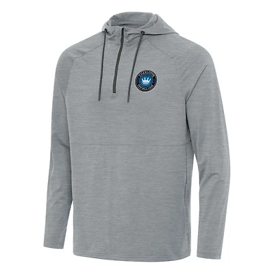 Men's Antigua Heather Gray Charlotte FC Spikes Raglan Quarter-Zip Hoodie