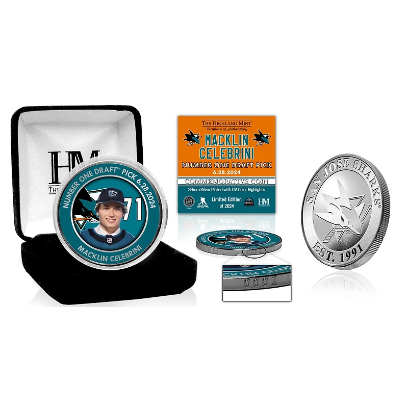 Highland Mint Macklin Celebrini San Jose Sharks 2024 NHL Draft First Pick Silver Color Coin
