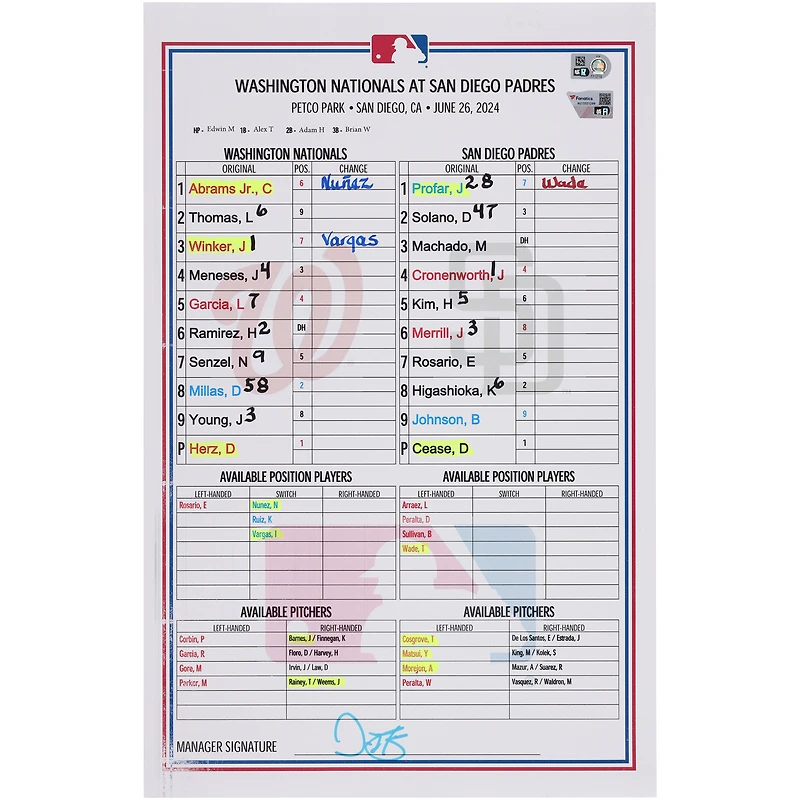 Washington Nationals Game-Used Lineup Card vs. San Diego Padres on June 26, 2024