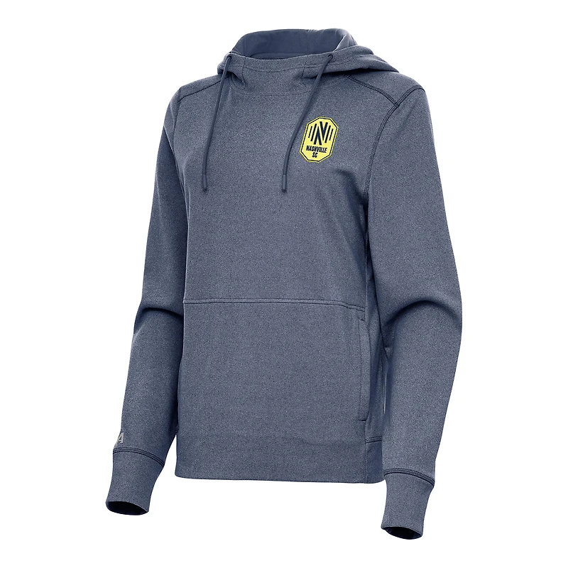 Women's Antigua Heather Navy Nashville SC Justice Pullover Hoodie