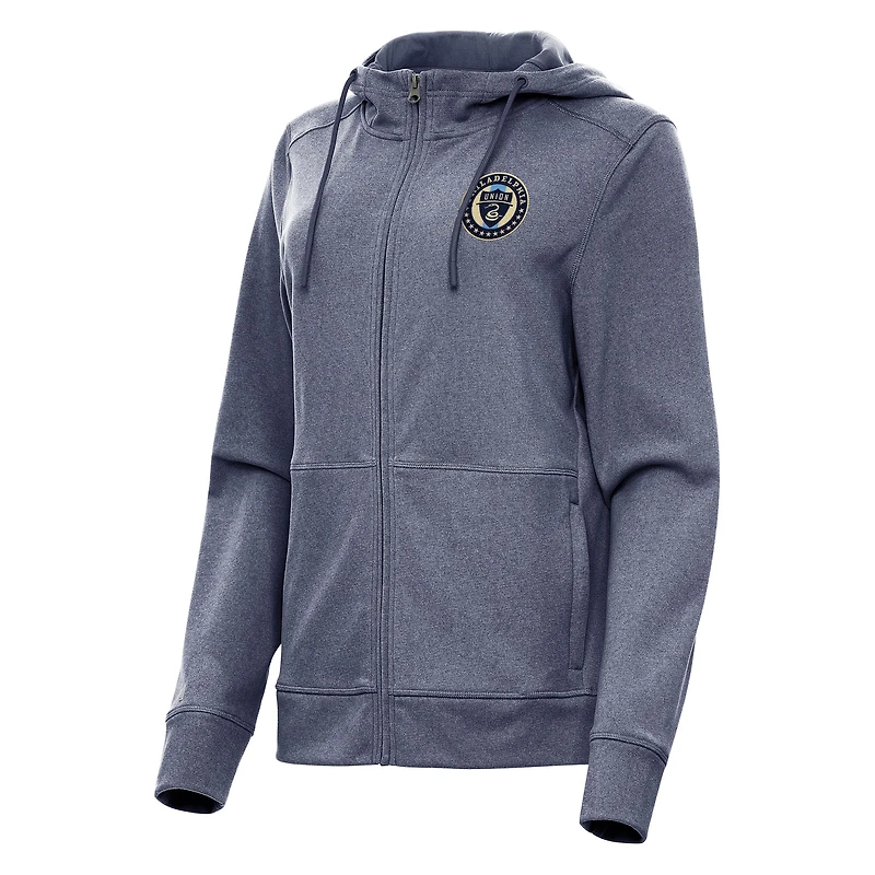 Women's Antigua Heather Navy Philadelphia Union Seeker Full-Zip Hoodie