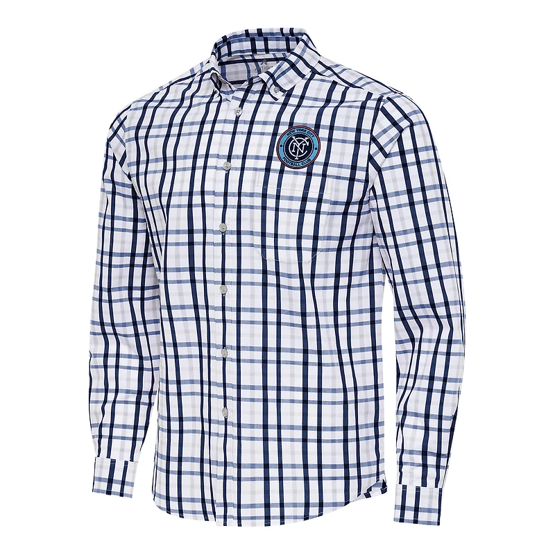 Men's Antigua Navy/Gray New York City FC Tending 2 Tri-Blend Long Sleeve Button-Down Shirt