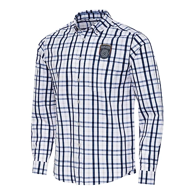 Men's Antigua Navy/Gray San Diego FC Tending 2 Tri-Blend Long Sleeve Button-Down Shirt