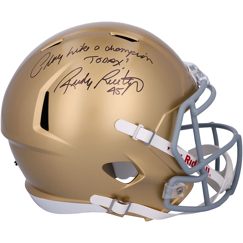 Rudy Ruettiger Notre Dame Fighting Irish Autographed Riddell Gold Speed Replica Helmet with "Play like a Champion Today!" Inscription