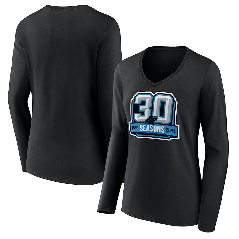 Women's Black Carolina Panthers 30th Anniversary Long Sleeve V-Neck T-Shirt