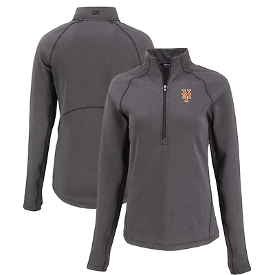 Women's Cutter & Buck Heather Black New York Mets Peshastin Eco Fleece Recycled Raglan Half-Zip Top