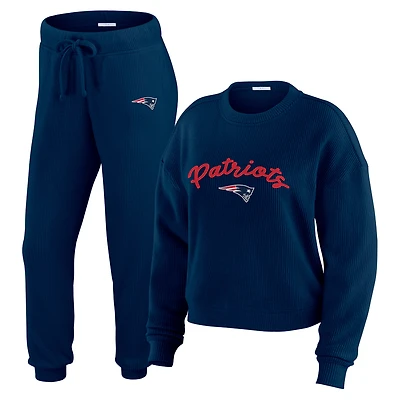 Women's WEAR by Erin Andrews Cream New England Patriots Plus Size Knitted Tri-Blend Long Sleeve T-Shirt & Pants Lounge Set