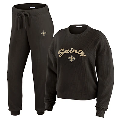 Women's WEAR by Erin Andrews  Cream New Orleans Saints Plus Size Knitted Tri-Blend Long Sleeve T-Shirt & Pants Lounge Set