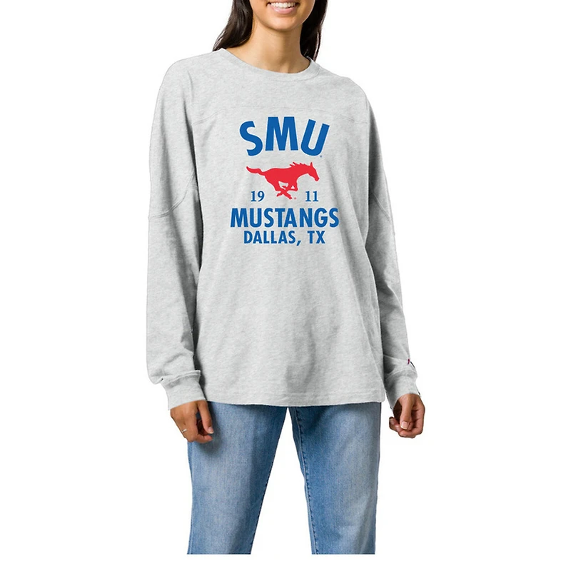 Women's Ash SMU Mustangs Throwback Oversized Long Sleeve T-Shirt