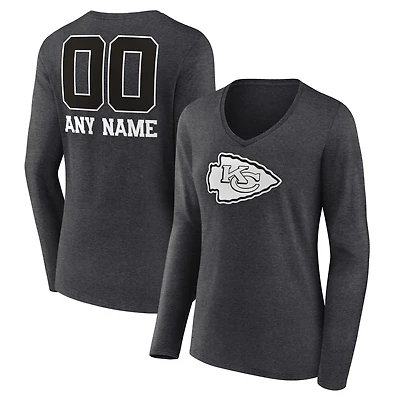 Women's Charcoal Kansas City Chiefs Personalized Name & Number Monochrome V-neck T-Shirt