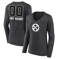 Women's Charcoal Pittsburgh Steelers Personalized Name & Number Monochrome V-neck T-Shirt