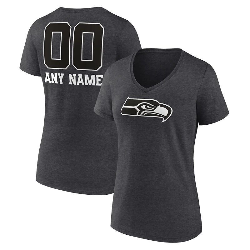 Women's Charcoal Seattle Seahawks Personalized Name & Number Monochrome V-Neck Long Sleeve T-Shirt