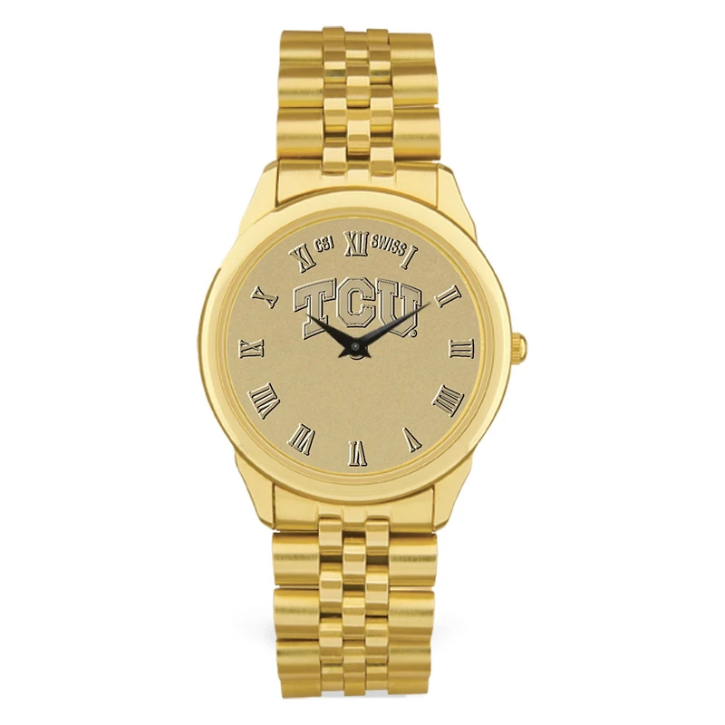 Men's Gold TCU Horned Frogs Medallion Rolled Link Bracelet Wristwatch