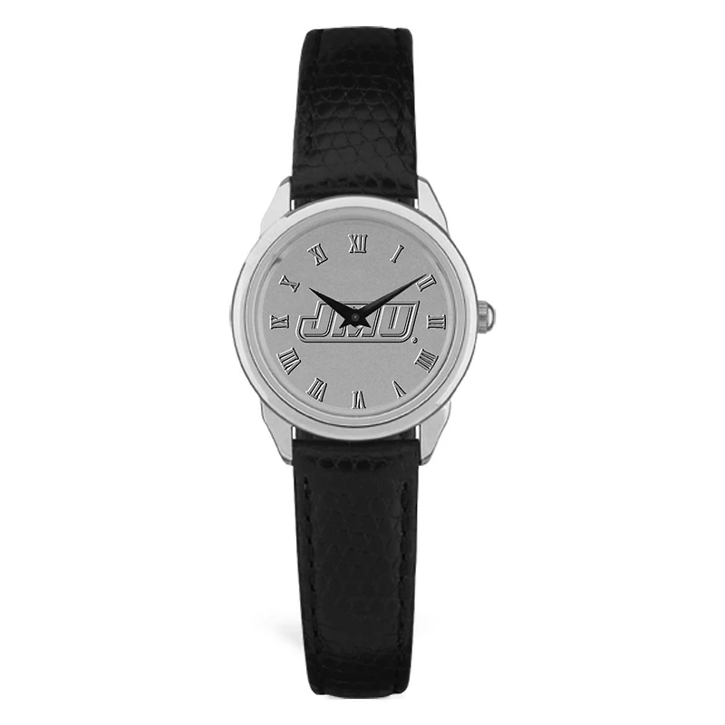 Women's James Madison Dukes Silver Medallion Black Leather Wristwatch
