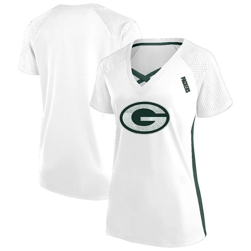 Women's Fanatics  White Green Bay Packers Plus Size Glitter Lace-Up V- Neck T-Shirt