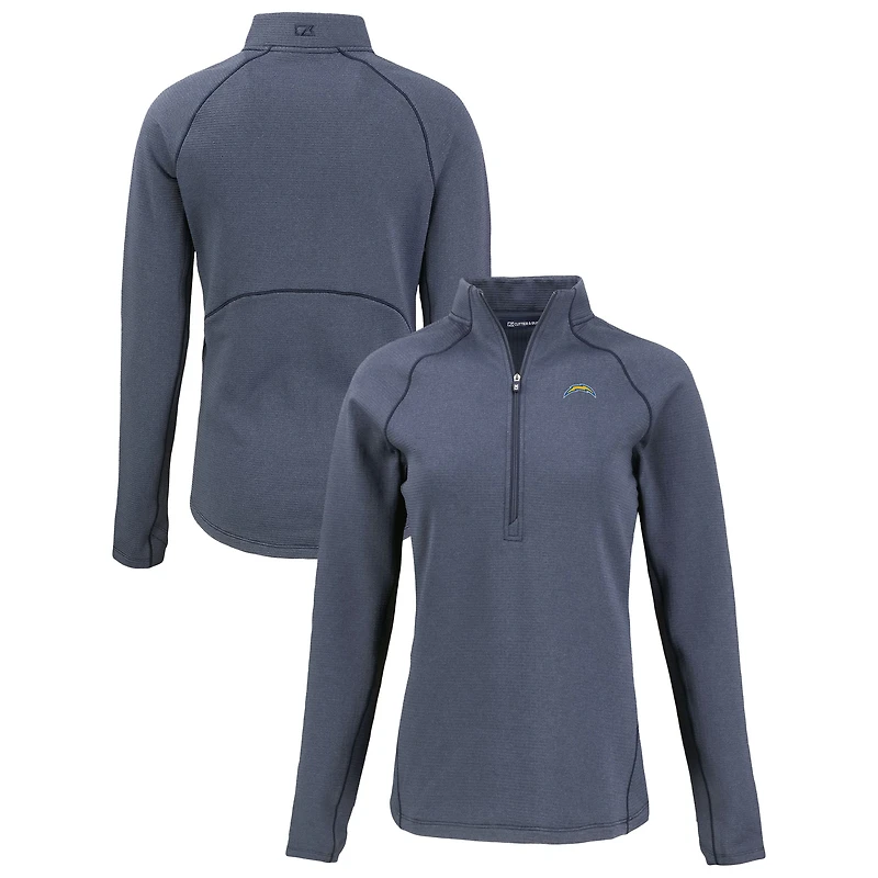 Women's Cutter & Buck Heather Navy Los Angeles Chargers  Peshastin Eco Fleece Recycled Tri-Blend Raglan Half-Zip Jacket