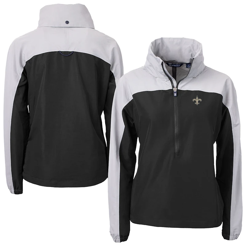 Women's Cutter & Buck Black New Orleans Saints Charter Eco Recycled Half-Zip Hooded Anorak Jacket