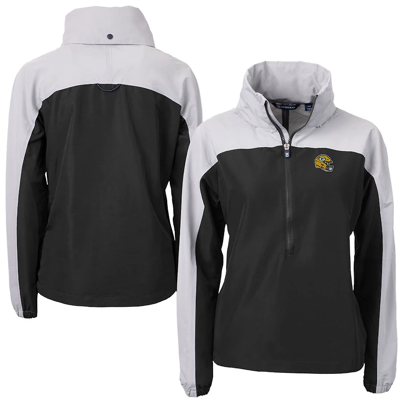 Women's Cutter & Buck Black Green Bay Packers Charter Eco Recycled Half-Zip Hooded Anorak Jacket