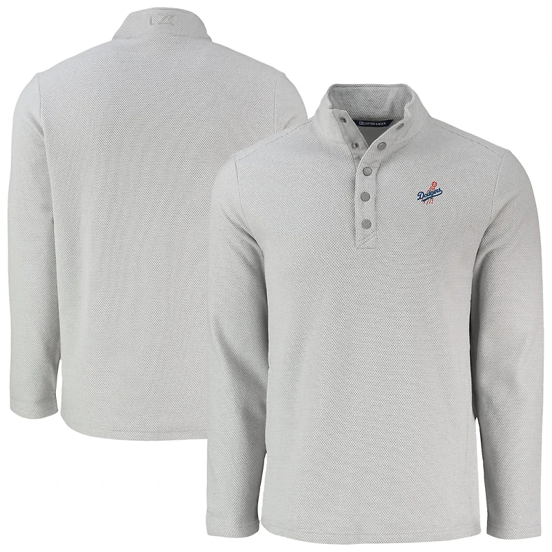 Men's Cutter & Buck Gray Los Angeles Dodgers Hunts Point Eco Textured Fleece Recycled Half-Snap Sweatshirt