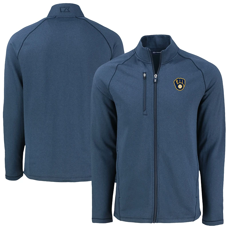 Men's Cutter & Buck Heather Navy Milwaukee Brewers Peshastin Eco Fleece Recycled Raglan Full-Zip Jacket