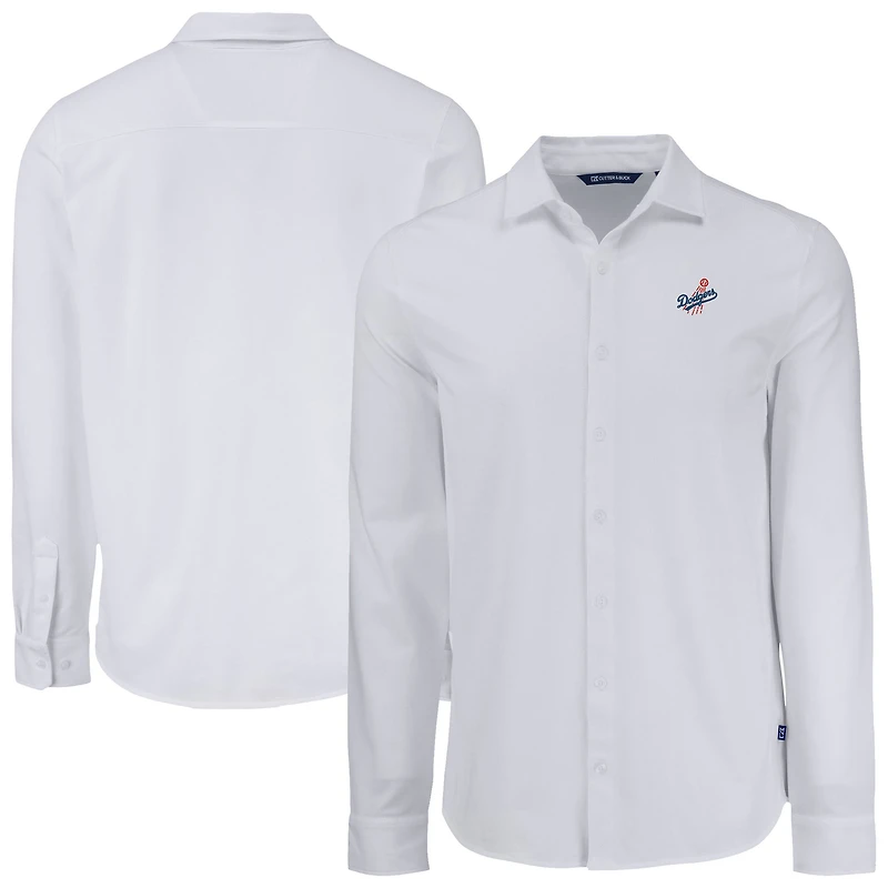 Men's Cutter & Buck White Los Angeles Dodgers Knitted Advantage Tri-Blend Eco Soft Pique Long Sleeve Button-Up Shirt