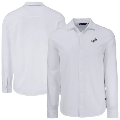 Men's Cutter & Buck White Los Angeles Dodgers Knitted Advantage Tri-Blend Eco Soft Pique Long Sleeve Button-Up Shirt