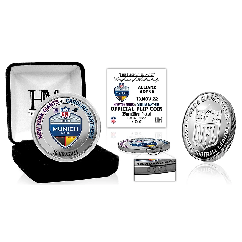 Highland Mint New York Giants vs. Carolina Panthers 2024 NFL Munich Game 39mm Silver Plated Coin