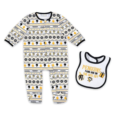 Newborn WEAR by Erin Andrews Pittsburgh Penguins Allover Print Full-Zip Sleeper & Bib Christmas Set