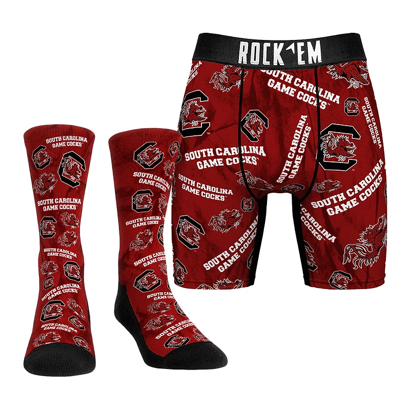 Men's Rock Em Socks Garnet South Carolina Gamecocks Allover Logo Underwear and Crew Socks Combo Pack