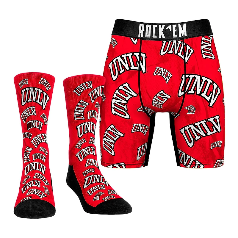 Men's Rock Em Socks  Scarlet UNLV Rebels Allover Logo Underwear and Crew Socks Combo Pack