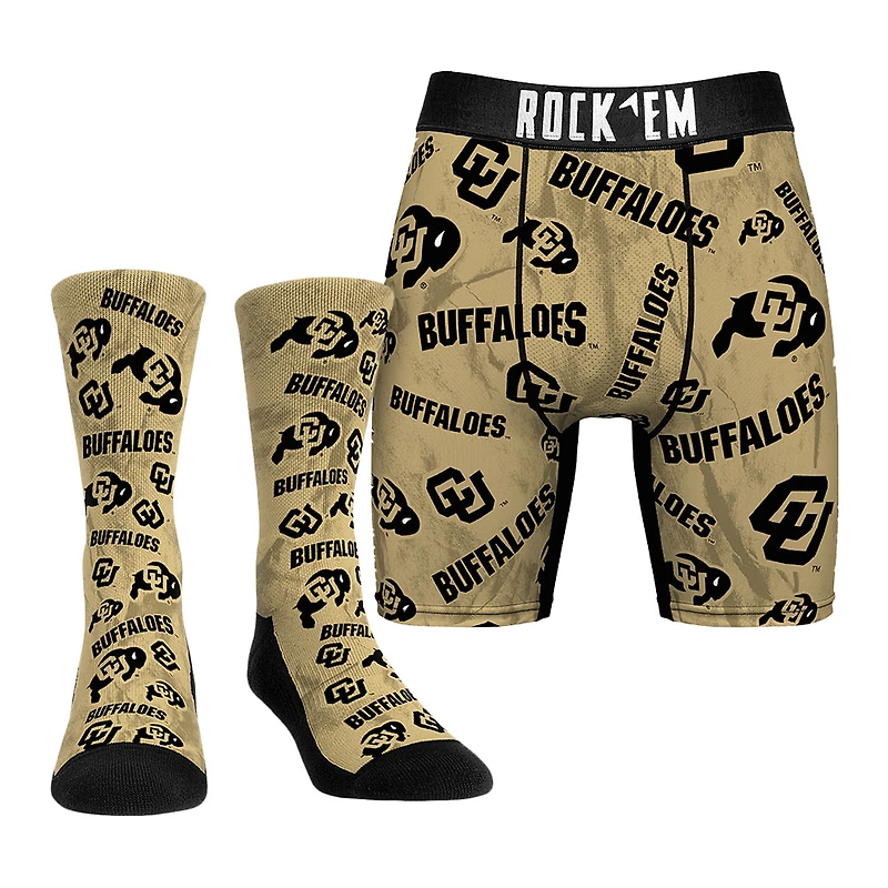 Men's Rock Em Socks  Gold Colorado Buffaloes Allover Logo Underwear and Crew Socks Combo Pack