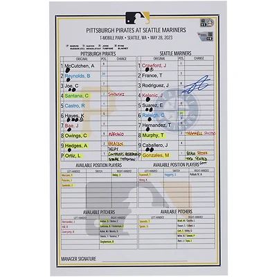 Julio Rodriguez Seattle Mariners Autographed Game-Used Lineup Card vs. Pittsburgh Pirates on May 28, 2023