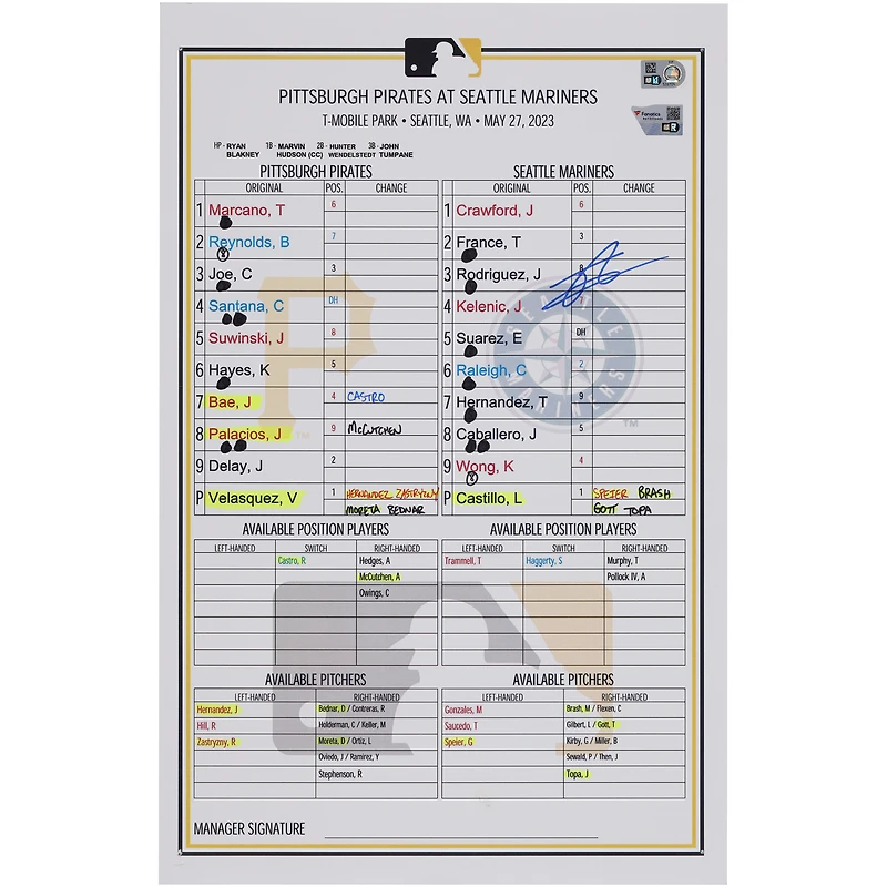 Julio Rodriguez Seattle Mariners Autographed Game-Used Lineup Card vs. Pittsburgh Pirates on May 27, 2023