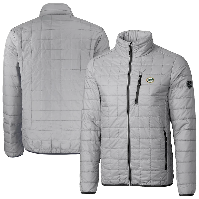 Men's Cutter & Buck Gray Green Bay Packers Rainier PrimaLoft Eco Insulated Full-Zip Puffer Jacket