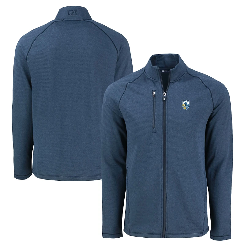 Men's Cutter & Buck Heather Navy Los Angeles Chargers Peshastin Eco Fleece Recycled Raglan Tri-Blend Full-Zip Jacket