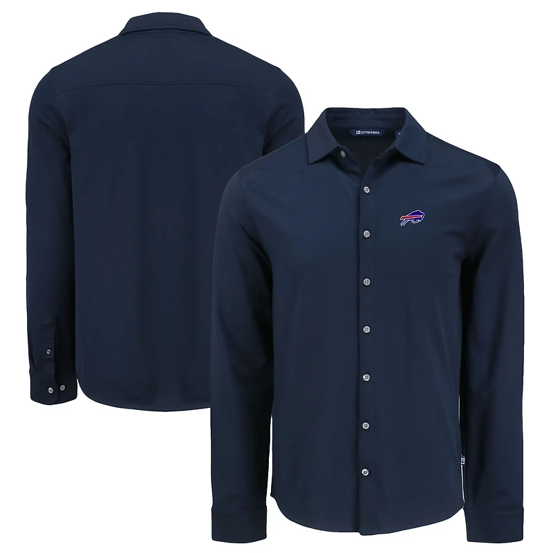 Men's Cutter & Buck Navy Buffalo Bills Knitted Advantage Tri-Blend Eco Soft Pique Long Sleeve Button-Up Shirt