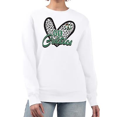 Women's G-III 4Her by Carl Banks  White Boston Celtics Leopard Heart Fleece Pullover Sweatshirt