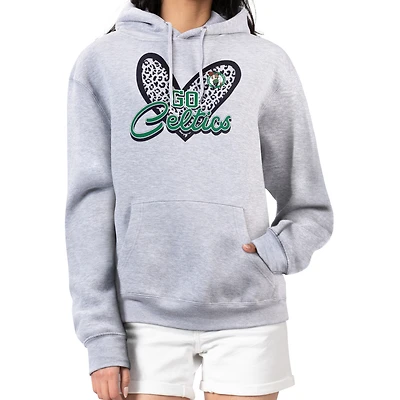 Women's G-III 4Her by Carl Banks Heather Gray Boston Celtics Leopard Heart Graphic Fleece Pullover Hoodie